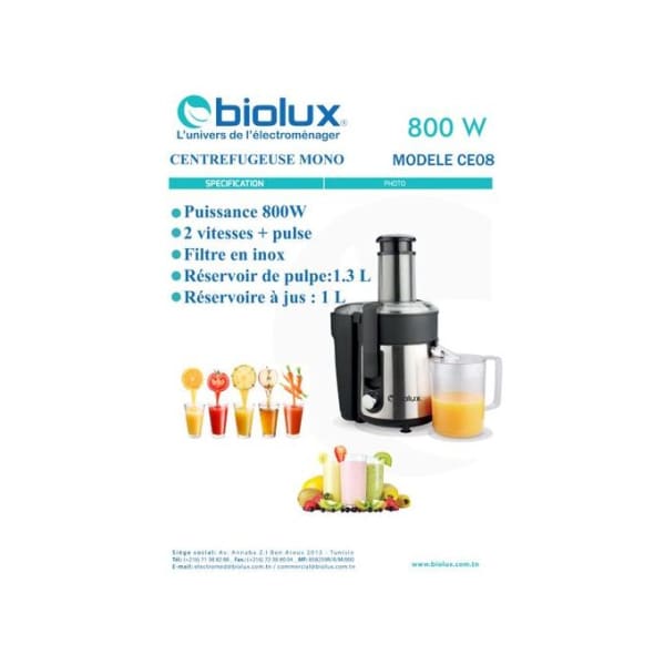 Centrifugeuse BIOLUX 800W Inox & noir (M.CE08) Centrifugeuse BIOLUX 800W Inox & noir (M.CE08)